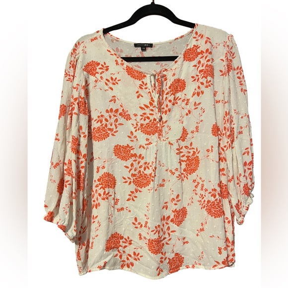 Papermoon Tops - Papermoon Orange Cream Keyhole Blouse XXL Floral Top 3/4 Sleeve Crinkle EUC Boho
